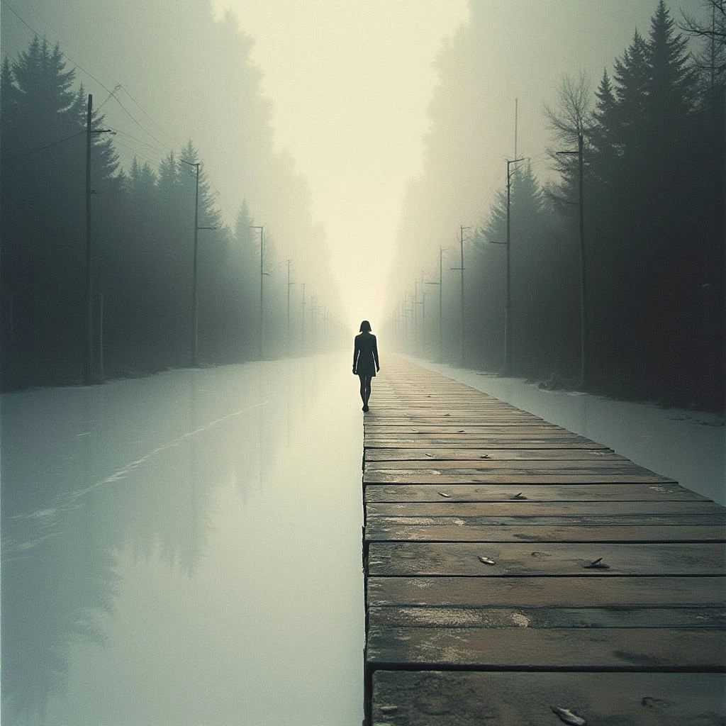 A lone figure walks away from the viewer down a long, wooden boardwalk. The path stretches into a dense fog, flanked by rows of trees and utility poles on either side, with water covering the ground below. Everything is cast in muted, pale tones creating a somber and isolated atmosphere.
