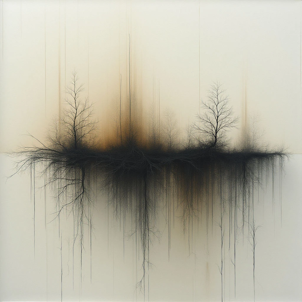 Bare trees stand silhouetted against a hazy, warm-toned background that fades into a pale cream color. Below them, a dense mass of dark, thread-like lines cascades downwards like roots or weeping shadows. The overall impression is one of fragility and quiet melancholy within a vast, empty space.
