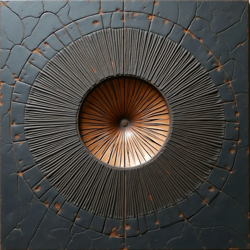 A dark, charcoal-colored square frame with a cracked, matte texture surrounds a central circular indentation. Within this circle, fine radial lines emerge from a deep center toward the edges, transitioning into a tan, wood-like surface. The composition is centered and symmetrical, featuring high contrast between the dark outer ring and the lighter, recessed core.