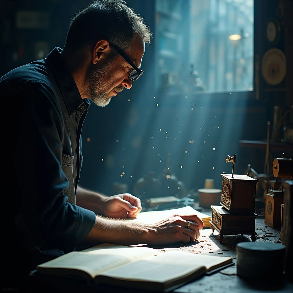 The image is dominated by dark blues and browns with warm highlights illuminating a wooden workspace. Rough textures are present in the wood grain of the table and surrounding objects, contrasting with smoother surfaces like paper and skin. A figure is positioned close to the viewer, writing at a desk bathed in light streaming from a window behind them, while smaller mechanical devices occupy the space to their right and slightly further back.