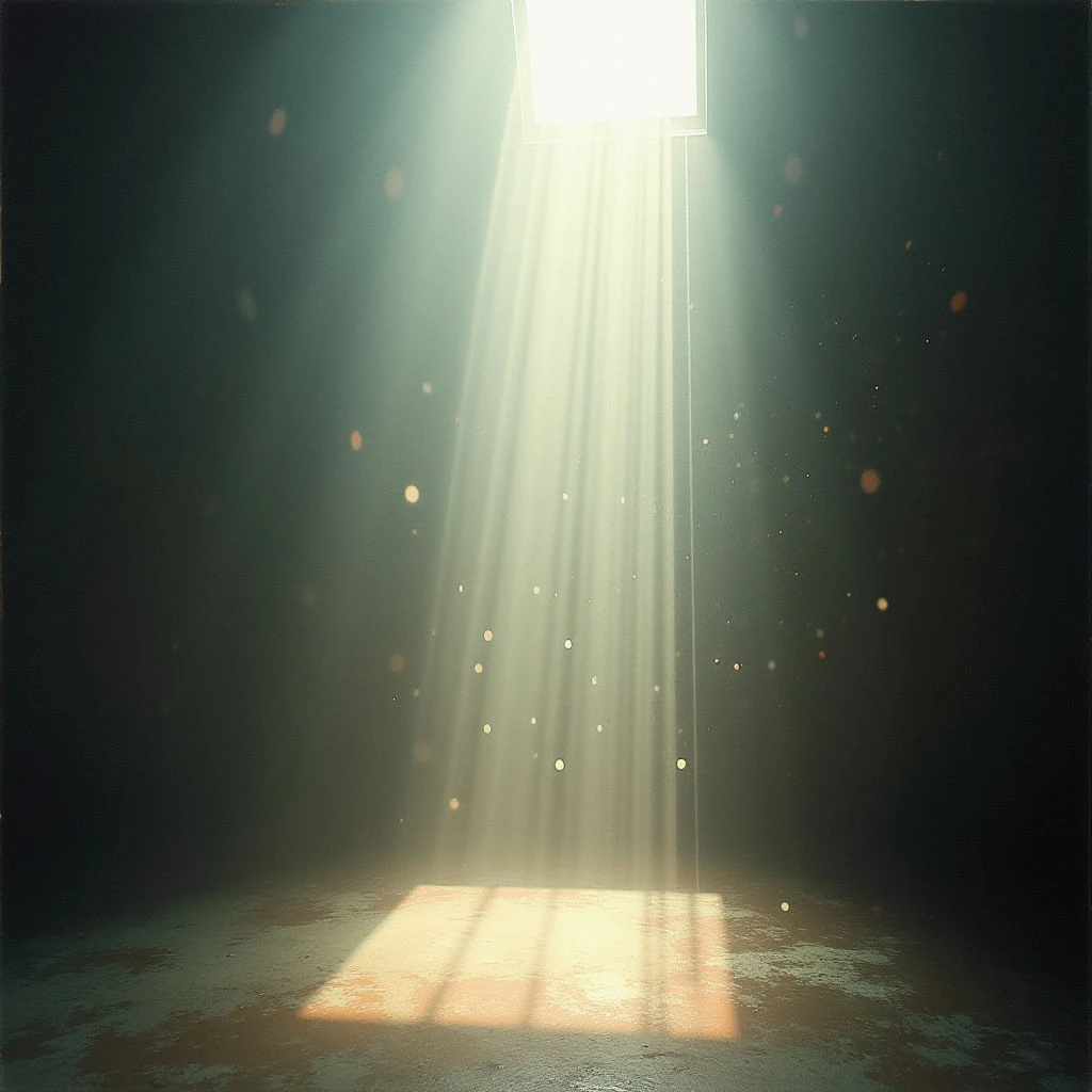 A single beam of bright light shines down from a square opening in a dark ceiling, illuminating the dusty floor below. Small particles float within the light, creating a hazy, ethereal effect. The room is otherwise shrouded in shadow and appears empty.