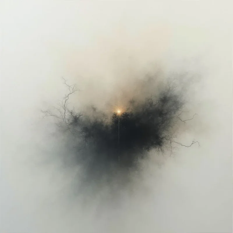 A dark, shadowy form spreads across a pale background, resembling smoke or an explosion contained within wispy edges. Bare branches extend outwards from the darkness, almost like roots or grasping limbs. A single point of golden light shines brightly at the center of the shape, drawing the eye inward.