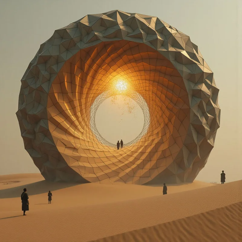 The scene is dominated by a large, geometric structure resembling a toroid composed of faceted, metallic panels in shades of bronze and gold. Warm, diffuse light emanates from the center of the opening, illuminating several small figures positioned both within and outside the form, which rests on a rippled expanse of sand dunes rendered in varying tones of beige. The spatial relationships emphasize scale – the structure dwarfs the human figures, creating a sense of vastness and isolation within a relatively flat landscape.