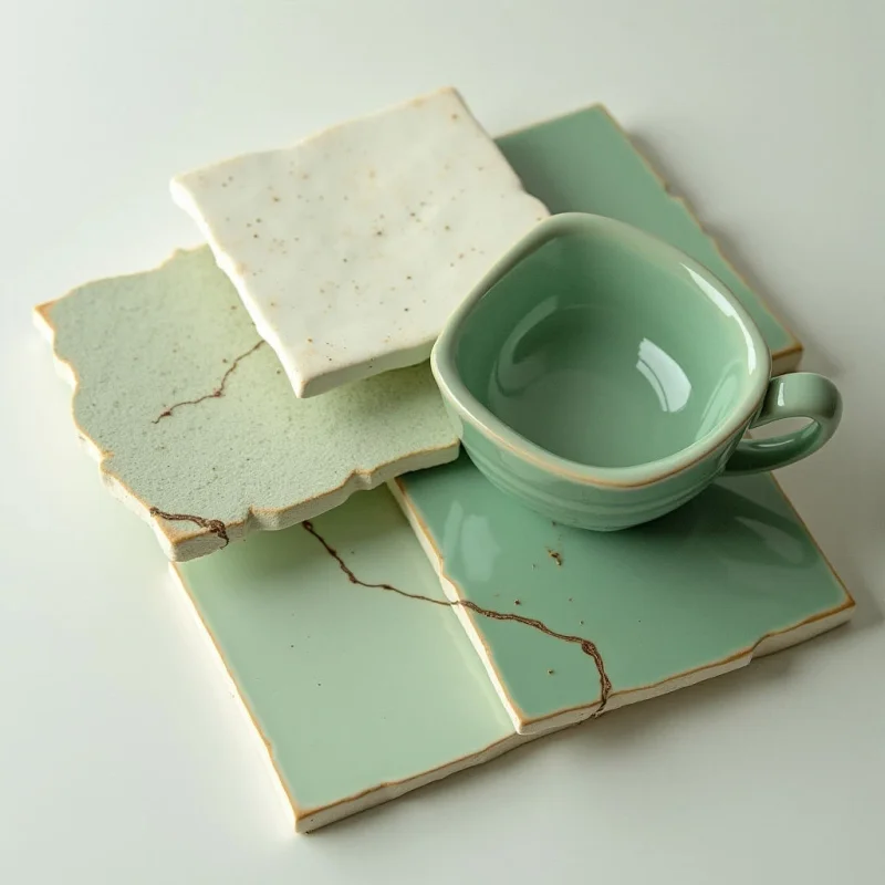 The image features a small green teacup resting on stacked square tiles in varying shades of green and off-white. The surfaces appear textured with slight imperfections and cracks visible throughout the tiles, contrasting with the smoother glaze of the cup. Soft, diffused light illuminates the arrangement, creating gentle shadows and highlighting the glossy interior of the cup while maintaining relatively even brightness across all elements.