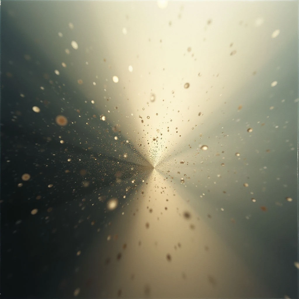 A bright, central point of light radiates outwards, obscured by a cloud of tiny sparkling particles. The background fades from a warm beige near the center to a darker, muted green at the edges. It evokes a sense of movement and dispersal, like dust motes caught in a sunbeam or an explosion frozen in time.