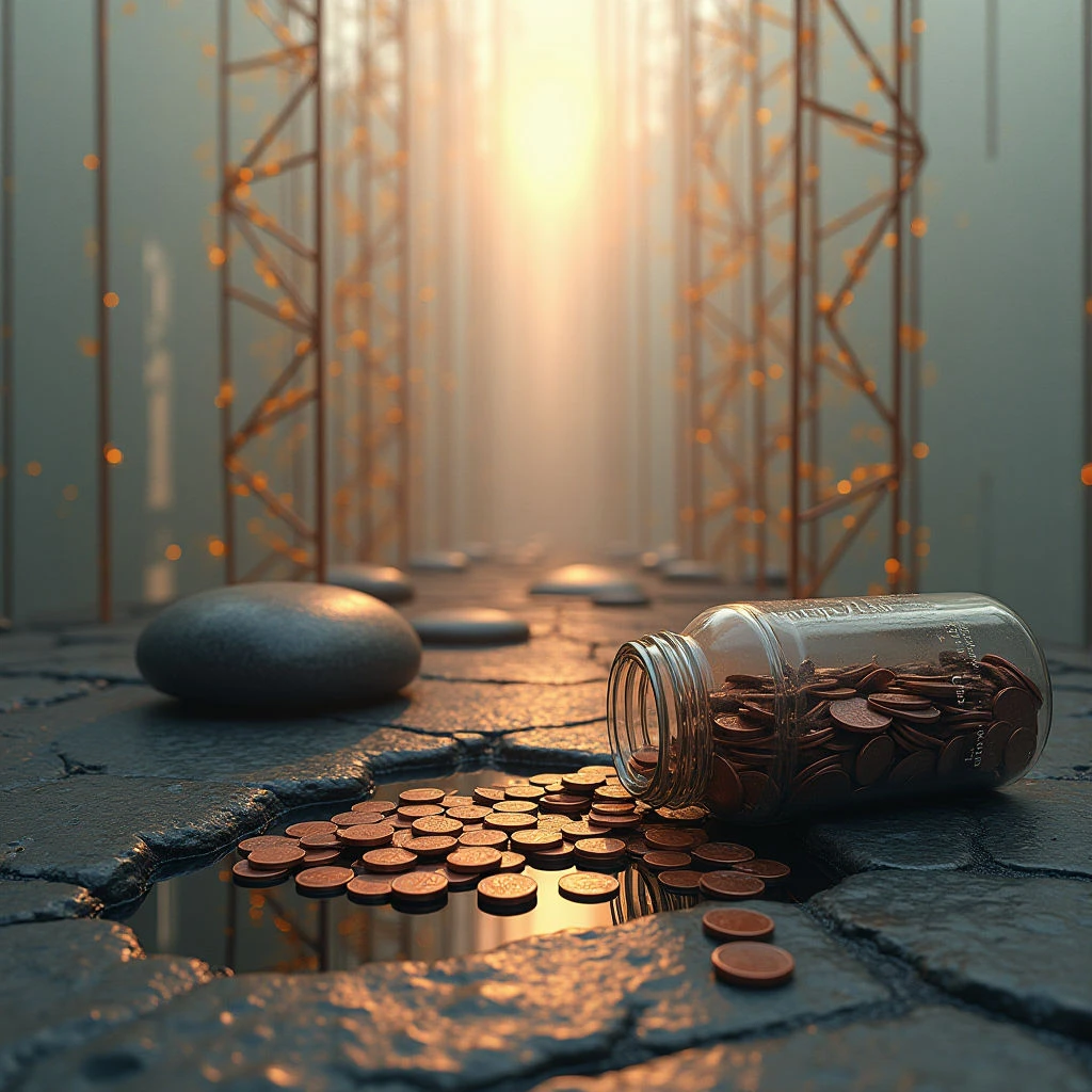The scene is dominated by muted grays and warm copper tones, with a central bright light source creating strong highlights and shadows. A rough, uneven stone surface occupies the foreground, contrasting with the smooth glass of a tipped jar spilling coins onto the wet ground; in the background, repeating geometric structures rise vertically like towers. Spatial depth is suggested through diminishing size and atmospheric perspective, leading towards a hazy horizon illuminated by the central light.