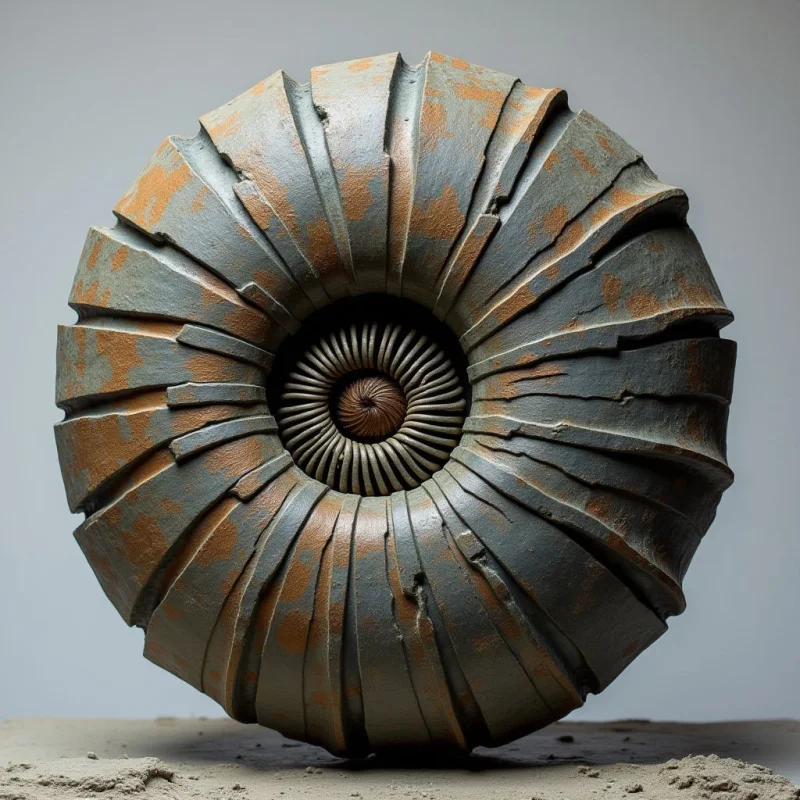 A large, circular object with a spiraling internal structure dominates the center, featuring deep ridges and a weathered, metallic gray surface accented by patches of rusty orange. The texture appears rough and oxidized, with sharp edges and uneven grooves creating a sense of aged material. Soft, diffused light illuminates the form from above, casting gentle shadows within the crevices and defining its three-dimensional volume against a neutral, pale background.