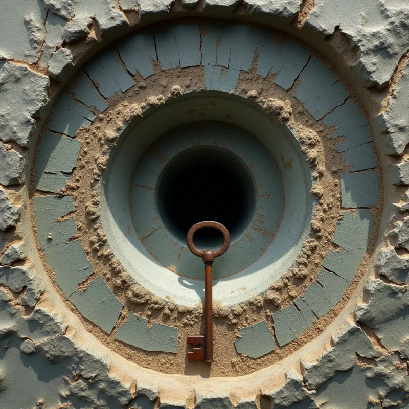 Concentric circles of blue-grey stone segments and rough, sandy-colored mortar create a layered, tunnel-like structure leading to a dark central void. A single rusted metal key is positioned vertically in the foreground, overlapping the inner rings. The scene features heavy, granular textures and high-contrast lighting that casts soft shadows within the recessed layers.