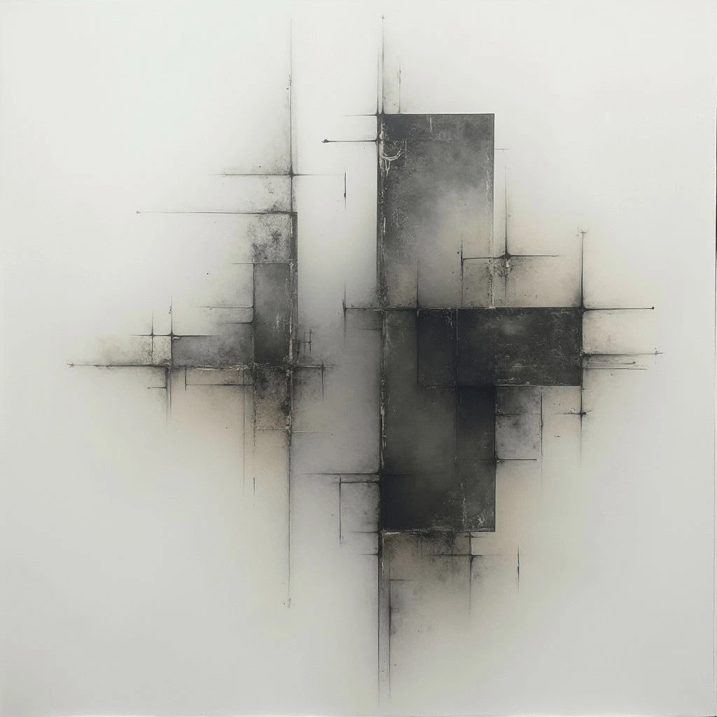 Dark, rectangular shapes are arranged in a loose cross formation on a pale background. Thin, dark lines extend from the rectangles, creating a fragmented and architectural feel. The overall impression is one of subtle weight and delicate structure against open space.