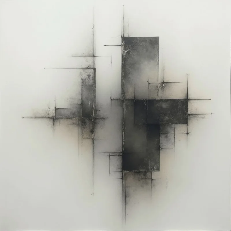 Dark, rectangular shapes are arranged in a loose cross formation on a pale background. Thin, dark lines extend from the rectangles, creating a fragmented and architectural feel. The overall impression is one of subtle weight and delicate structure against open space.