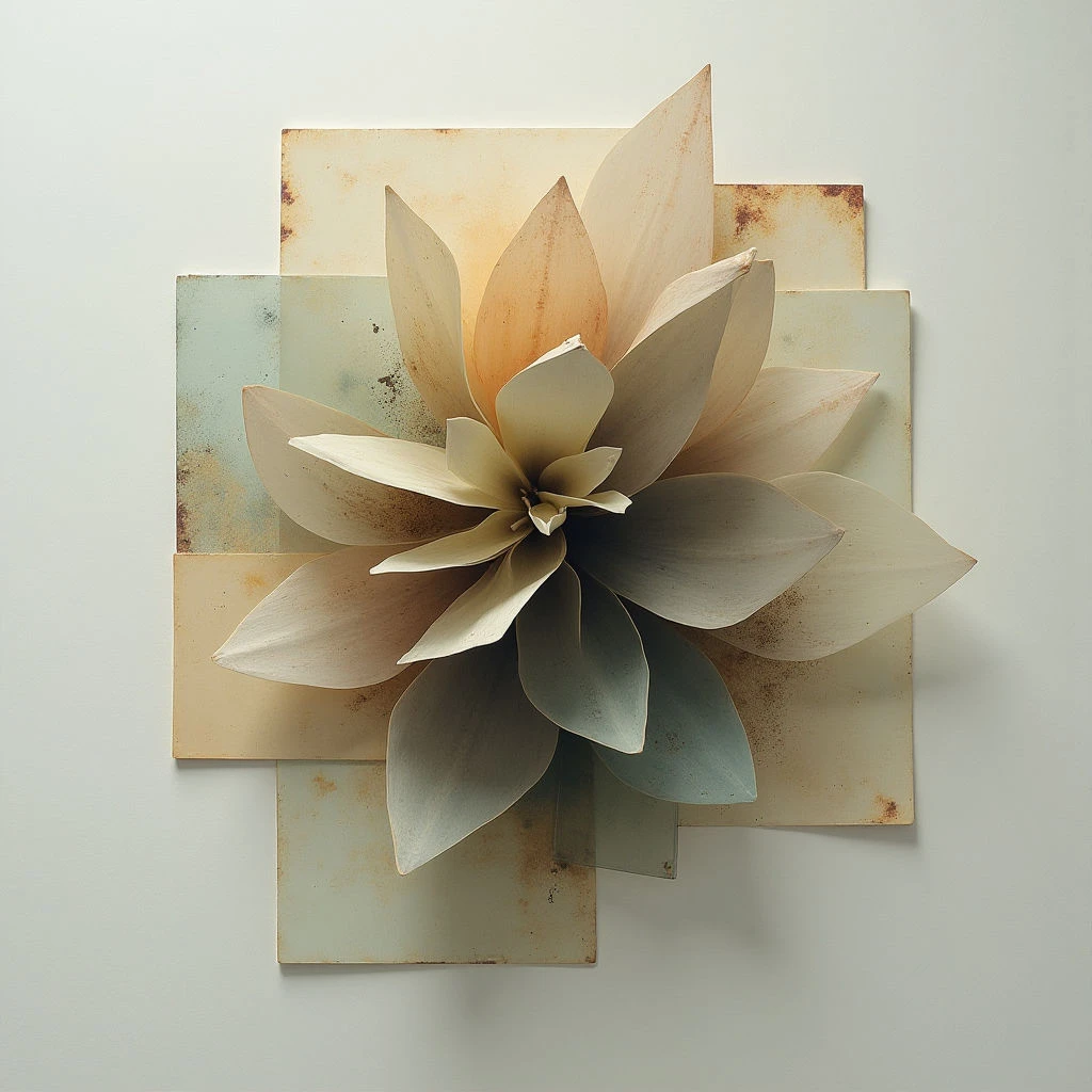A large, stylized flower made of layered paper petals is mounted on a pale wall. The petals are shades of beige, peach, and light blue, arranged to create a sense of depth and volume. Behind the flower, several overlapping square panels with faded, textured surfaces add another layer of visual interest.