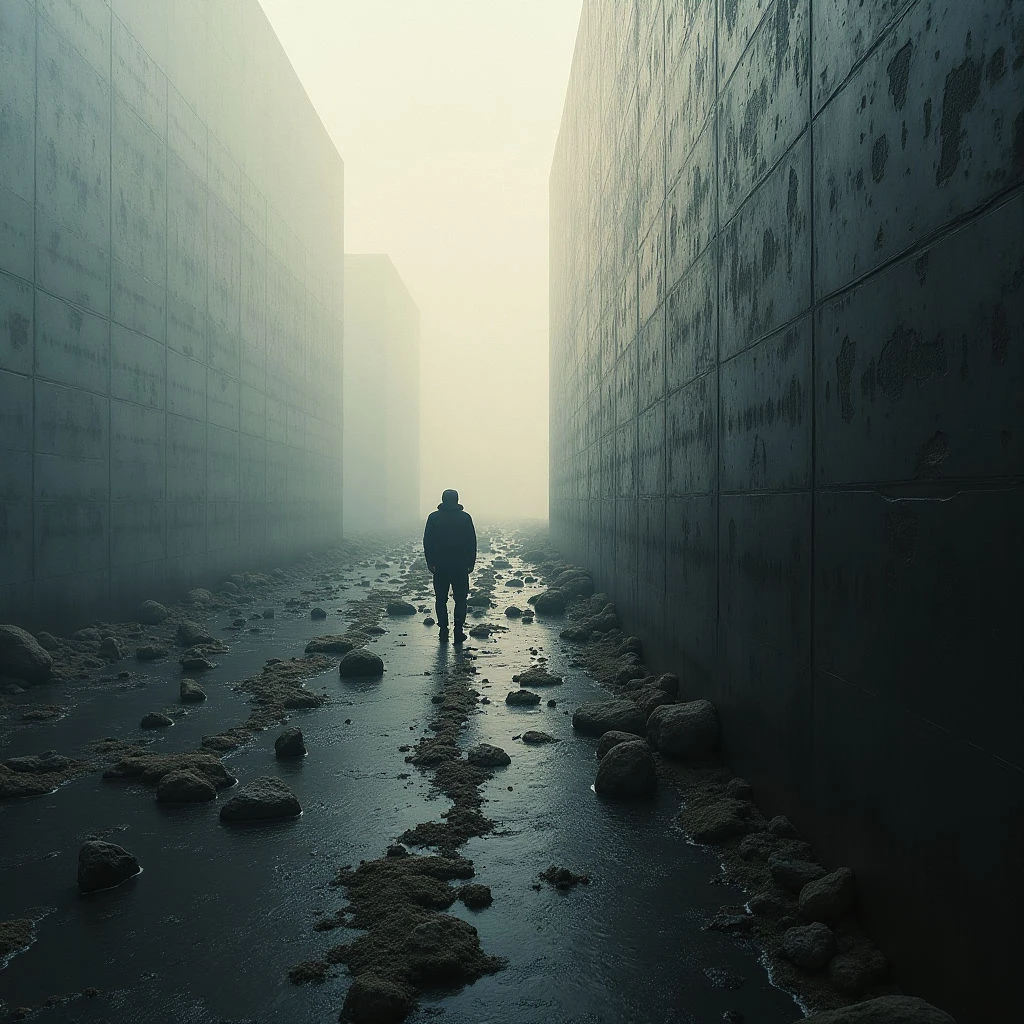 A lone figure walks down a narrow path between towering, weathered concrete walls. The ground is covered in water and scattered rocks, reflecting the dim light of a hazy atmosphere. The perspective emphasizes the immense scale of the structures and the isolation of the person within them.