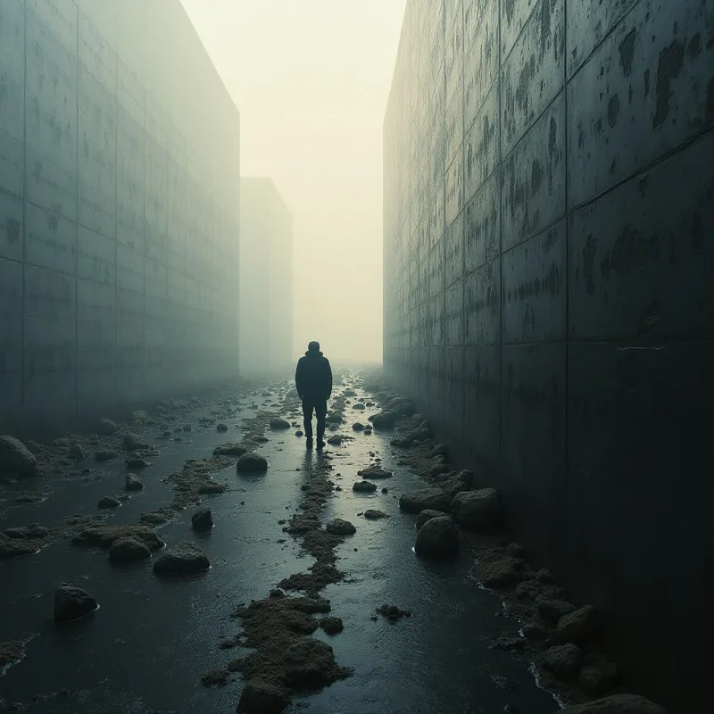 A lone figure walks down a narrow path between towering, weathered concrete walls. The ground is covered in water and scattered rocks, reflecting the dim light of a hazy atmosphere. The perspective emphasizes the immense scale of the structures and the isolation of the person within them.