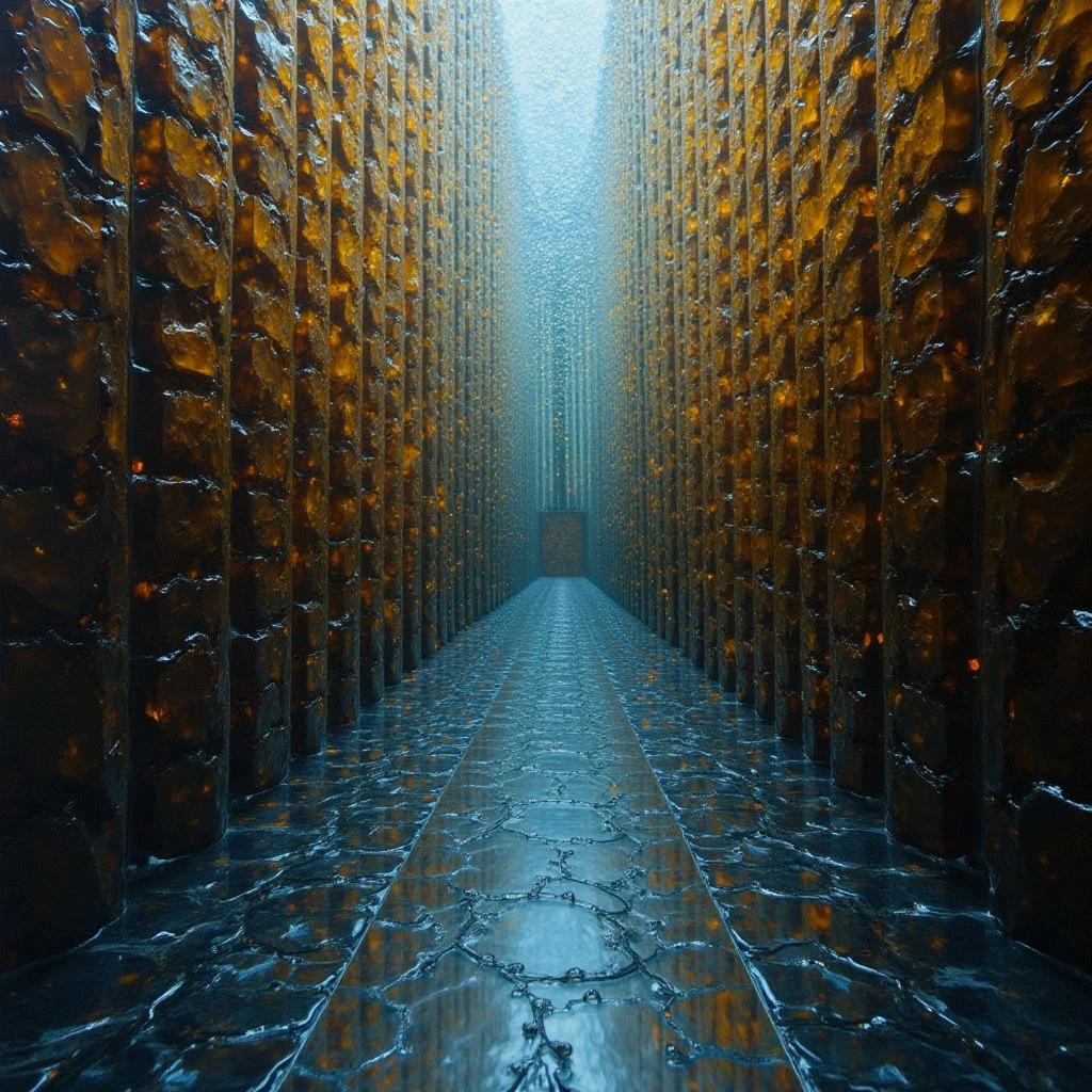 The image depicts a long, narrow hallway with walls constructed of stacked, rectangular blocks in shades of amber and gold. A dark, cracked floor reflects the cool blue light emanating from the distant end of the corridor, where an opening reveals further structural elements. The composition emphasizes strong vertical lines converging towards a vanishing point, creating depth within the enclosed space.