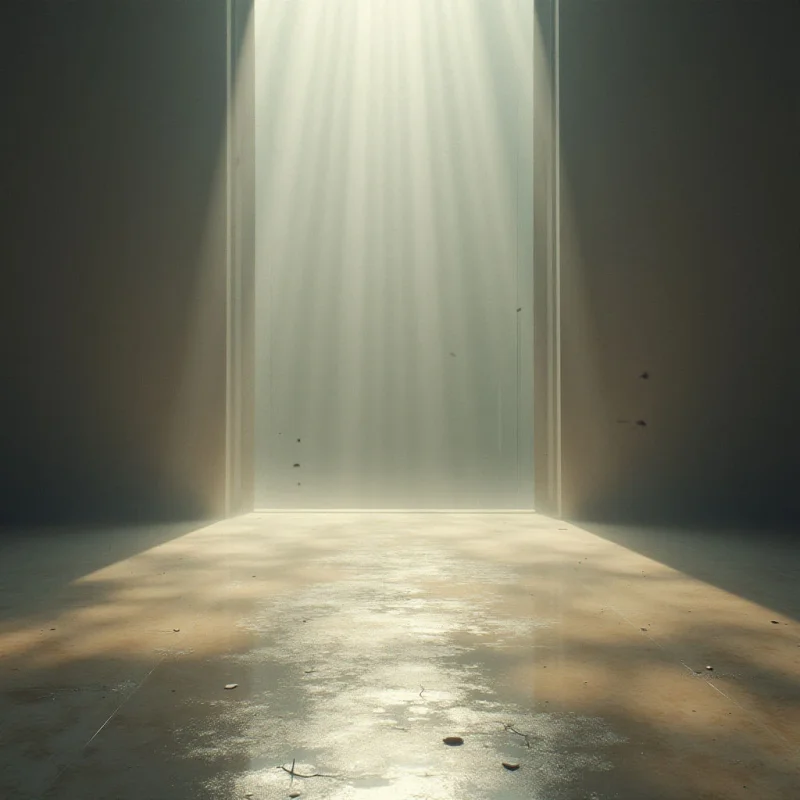 A tall, rectangular opening floods a dim room with bright light and descending rays. The floor is worn and speckled, reflecting the illumination in a hazy glow. Shadows cling to the walls of the otherwise empty space, hinting at a sense of quiet isolation.