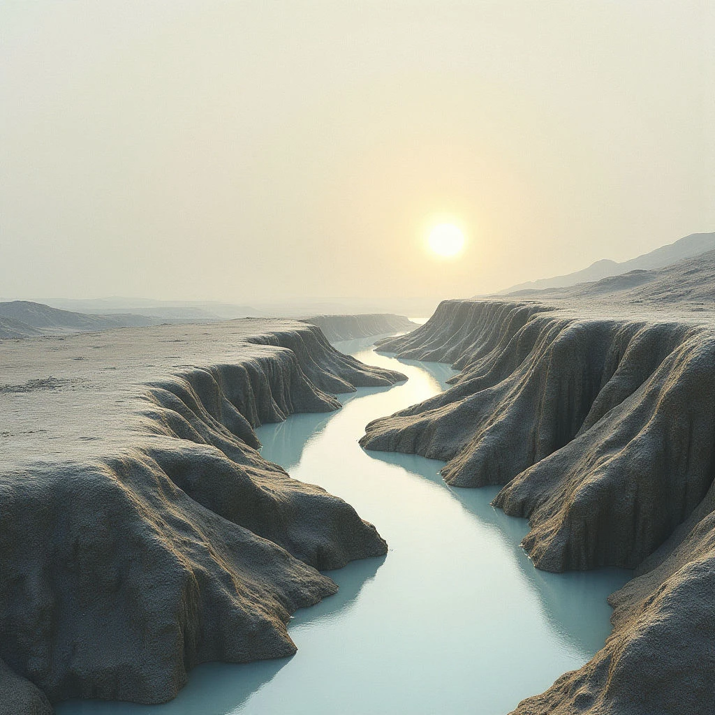 The scene depicts a pale landscape of tan and grey earth formations bisected by a winding river of light blue water. The terrain exhibits a rough, undulating texture with soft shadowing that suggests gentle slopes and shallow valleys. A bright, diffuse sun dominates the distant horizon, casting a warm glow across the entire composition and minimizing strong contrasts in spatial depth.