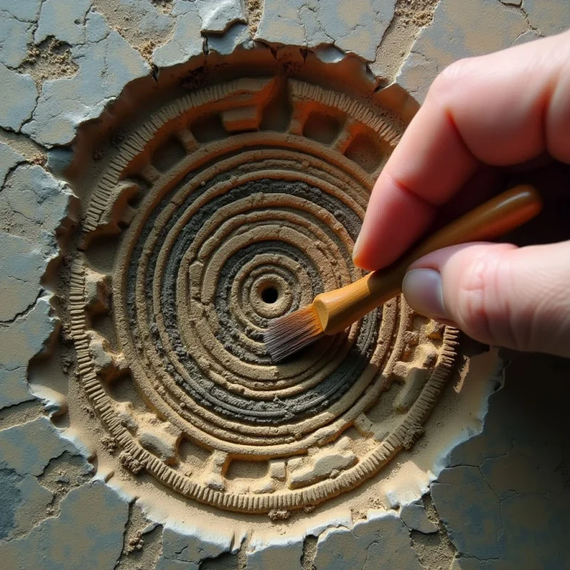Concentric circular ridges of tan and grey sand form a textured pattern within a shallow, irregular depression in cracked, muted blue earth. A pale hand holding a wooden-handled brush enters from the right, positioned over the center of the spiral. Bright, direct light creates sharp shadows within the grooves and highlights the granular texture of the sand and the jagged edges of the surrounding ground.