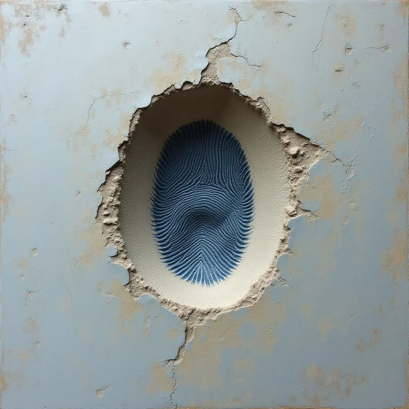 A pale blue, cracked surface features a large, irregular central void that reveals a textured, cream-colored interior. Within this cavity sits an oval shape composed of dense, radiating blue ridges that create a concentric pattern. Soft light illuminates the scene, emphasizing the contrast between the smooth outer plane and the rough, recessed depths.