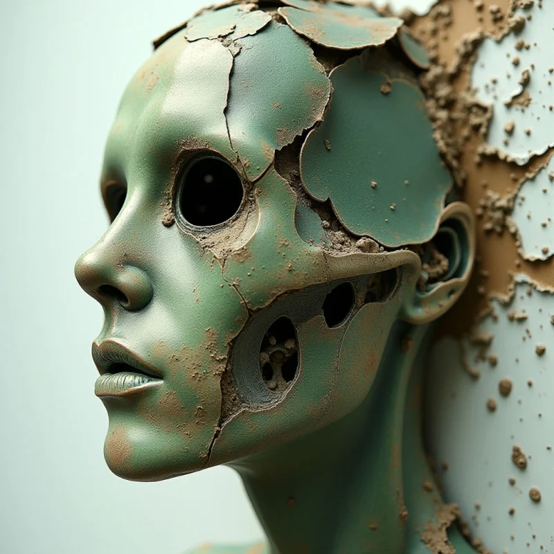 A teal-colored humanoid head features a smooth surface interrupted by jagged, irregular cracks and deep, dark hollows. Earthy brown textures fill the recessed areas and crevices, contrasting with the matte finish of the green skin. The composition is set against a pale, neutral background, with light casting soft shadows that define the sculptural contours and layered fragments.