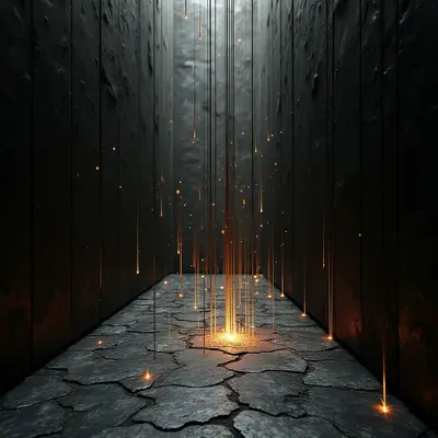 A narrow, dark corridor with textured black walls and a cracked, stony floor is illuminated by vertical streaks of glowing orange light. These luminous lines descend from an overhead source, converging into a bright pool of amber light on the ground. The composition features sharp contrasts between the deep shadows of the surrounding surfaces and the vibrant, flowing energy of the golden light trails.