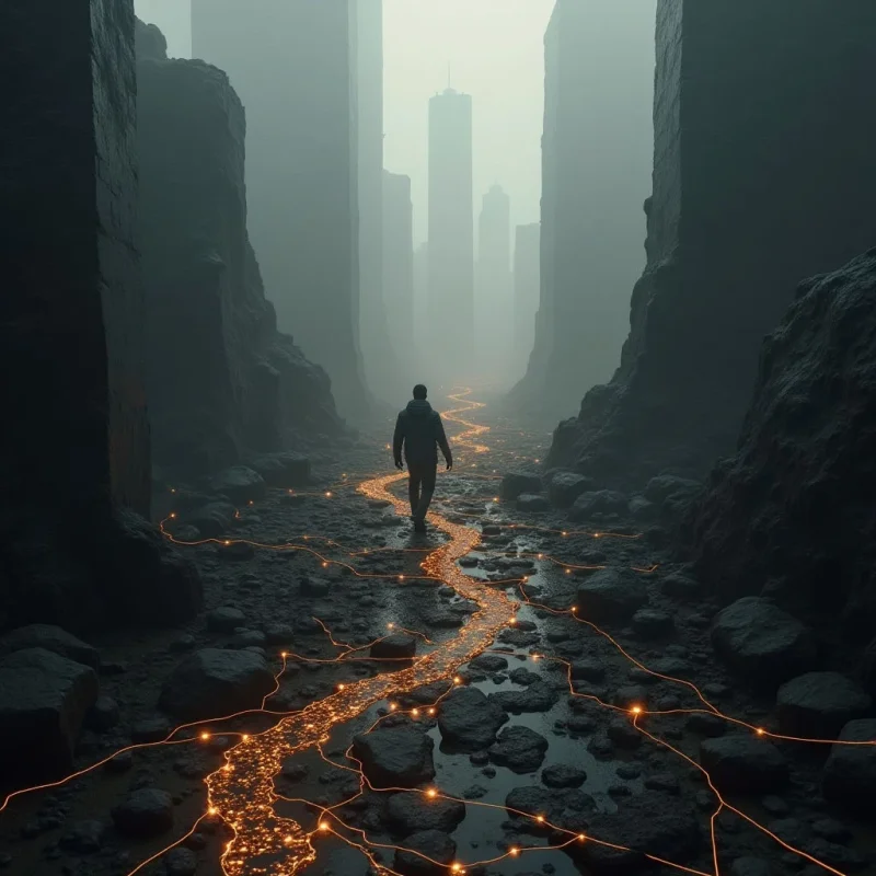 A solitary silhouette walks through a narrow canyon of dark, rugged rock walls toward towering, hazy skyscrapers in the distance. Glowing orange lines and shimmering molten patterns trace paths across the dark, textured ground, contrasting with the desaturated grey and blue tones of the misty atmosphere. The composition uses deep shadows and atmospheric perspective to create a sense of vast, enclosed space leading toward a bright, fog-filled horizon.