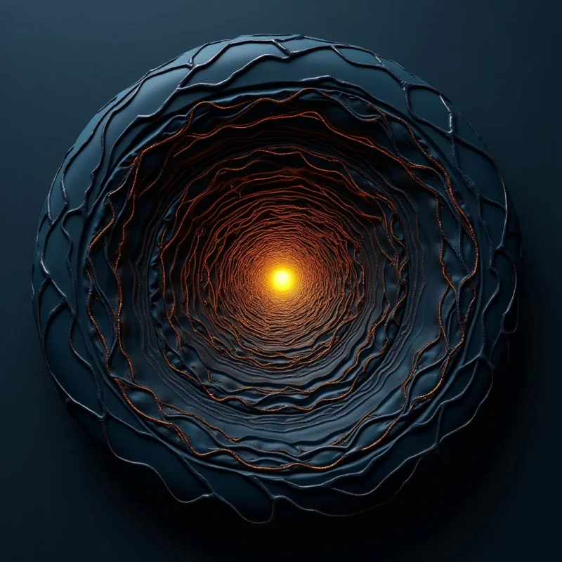 A dark, navy blue circular form features concentric, swirling ridges that recede into a central glowing orange orb. The texture transitions from smooth, matte outer layers to fine, granular, thread-like patterns near the luminous core. Light radiates from the center, casting highlights on the raised edges of the undulating, spiraling channels.