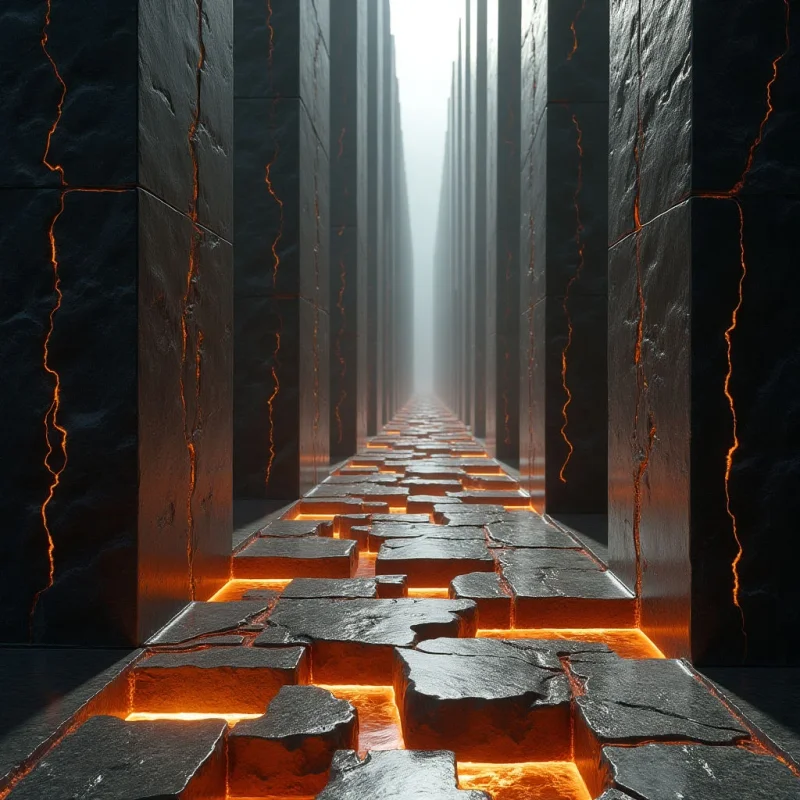 Tall, dark stone pillars with rough, cracked textures line a narrow corridor that recedes into a bright, misty distance. Glowing orange light emanates from the jagged fissures between the uneven floor tiles and runs vertically through cracks in the monoliths. The composition uses strong vertical lines and deep shadows to create a sense of symmetrical depth leading toward a hazy white light.