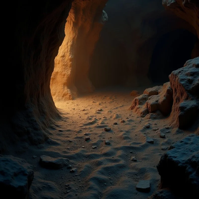 Warm amber light illuminates a sandy cavern floor and textured rock walls, transitioning into deep shadows in the background. The composition features irregular, rugged shapes of stone surrounding a central path of granular sand and scattered pebbles. A sense of depth is created by the receding tunnel that moves from brightly lit foreground textures into a dark, hazy void.