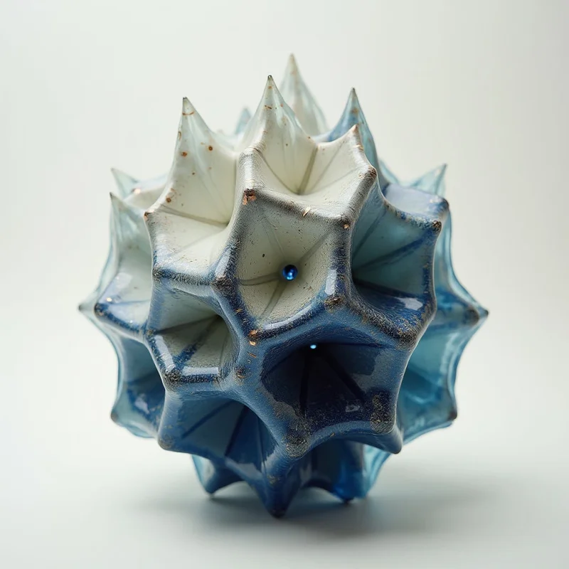 A multi-pointed, star-like object features a gradient of smooth white at its top transitioning into deep blue at the base. The form is composed of sharp, angular peaks and recessed valleys that create a rhythmic pattern of light and shadow across its textured, speckled surface. Centered against a neutral, pale background, the object occupies the middle ground with soft shadows grounding it to the surface below.
