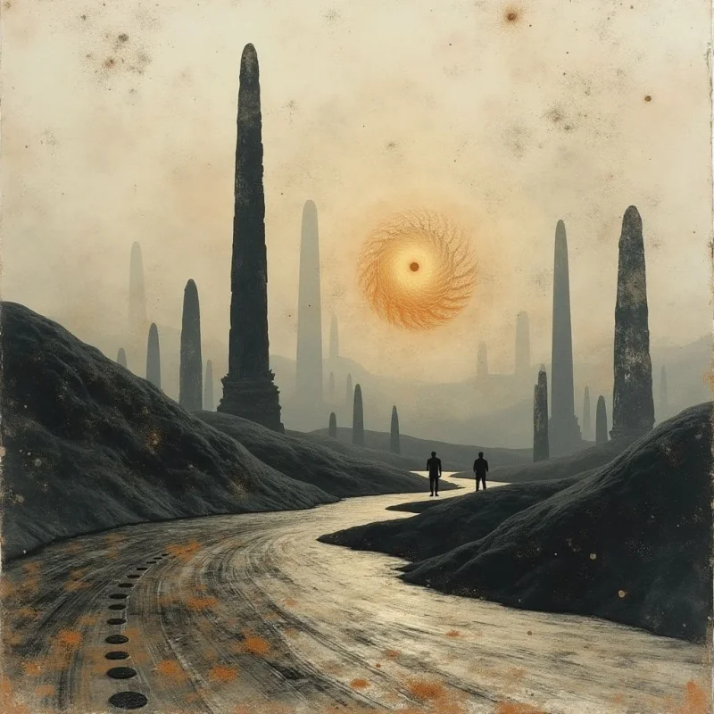 A winding path leads through a dark, hilly landscape toward a pale sky filled with tall, slender monoliths of varying heights. A glowing, swirling orange sun sits centrally in the hazy background, casting a soft light over the muted beige and charcoal tones. The composition features rough, stippled textures and silhouettes of two small figures standing near the center of the path.