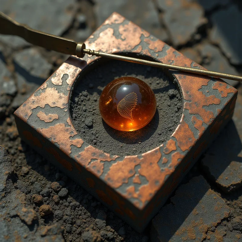 A translucent amber sphere containing a white feather motif rests in a dark, granular indentation of a square, copper-toned block with irregular mottled patterns. A slender gold rod extends diagonally across the upper portion of the frame, cutting through the composition above the textured base. The scene is illuminated by bright, directional light that casts sharp shadows and highlights the rough, cracked earth surrounding the central object.