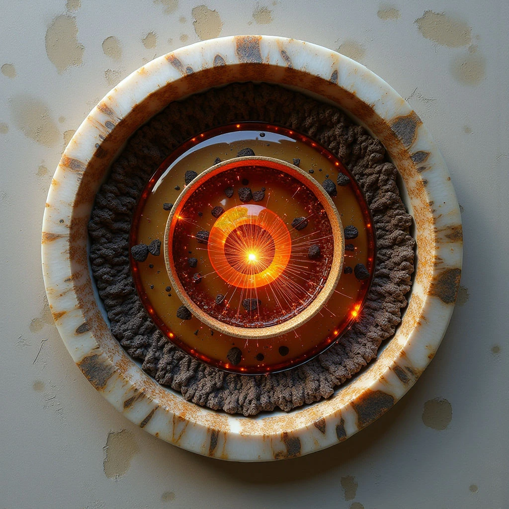 The image centers on a series of concentric rings composed of varying materials and textures—a rough, dark granular substance surrounds polished, reflective surfaces with glowing orange cores. Warm tones dominate the palette, ranging from pale beige to fiery amber, emanating light outwards from the innermost circle. Spatial relationships suggest depth through layering, with each ring receding slightly into the composition while maintaining a largely flat perspective.
