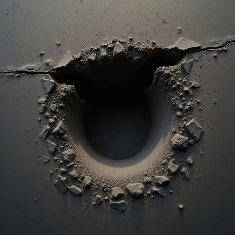 A large, circular crater dominates the center of a monochromatic, tan-colored surface featuring a fine, granular texture. Jagged, irregular stone fragments are scattered around the rim of the depression and along horizontal cracks that extend outward. Deep shadows within the hollow create a strong sense of depth against the dimly lit, matte background.