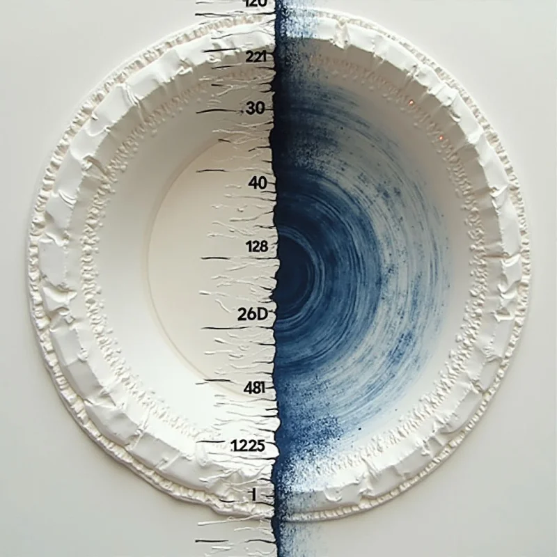 A circular form is divided vertically between a stark white, textured rim with heavy impasto ridges and a deep blue, swirling vortex of fine brushstrokes. On the left side, black numerical characters are arranged along a vertical axis against a smooth, pale surface. The composition creates a contrast between the tactile, sculptural qualities of the white relief and the fluid, atmospheric depth of the dark blue spiral.