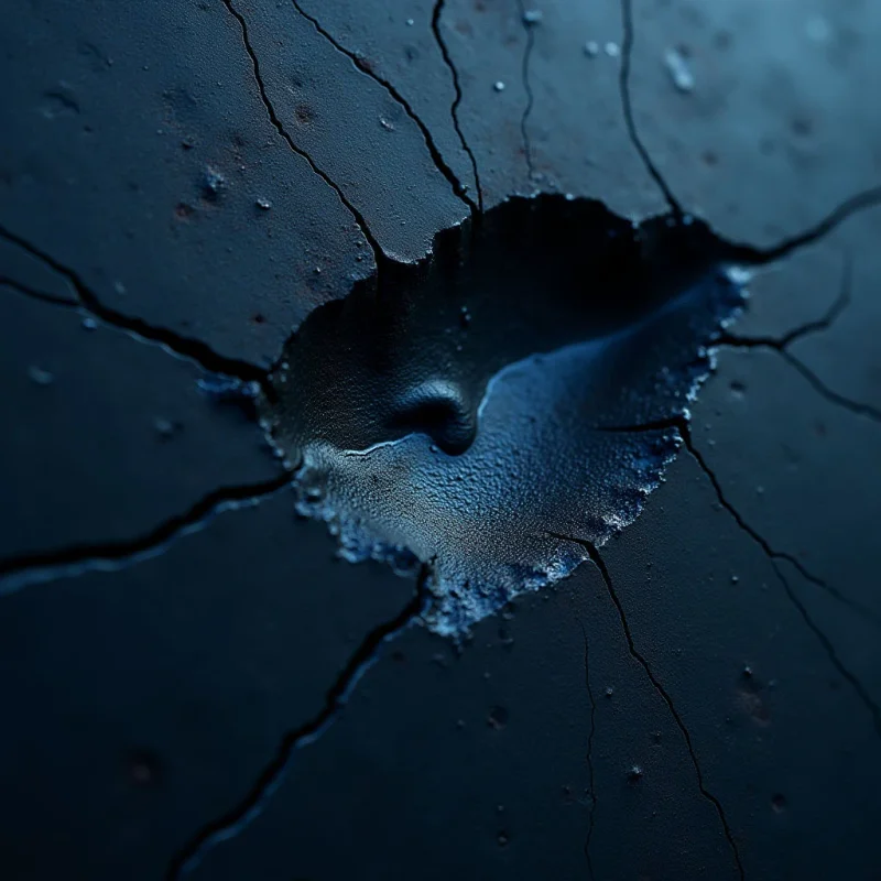 A deep blue, textured surface is fractured by jagged, dark crevices that radiate from a central, irregularly shaped crater. The composition features a play of light and shadow across the uneven terrain, highlighting granular textures and smooth, liquid-like depressions within the hollow. Spatial depth is created through the contrast between the flat surrounding plane and the recessed, shadowed interior of the central opening.