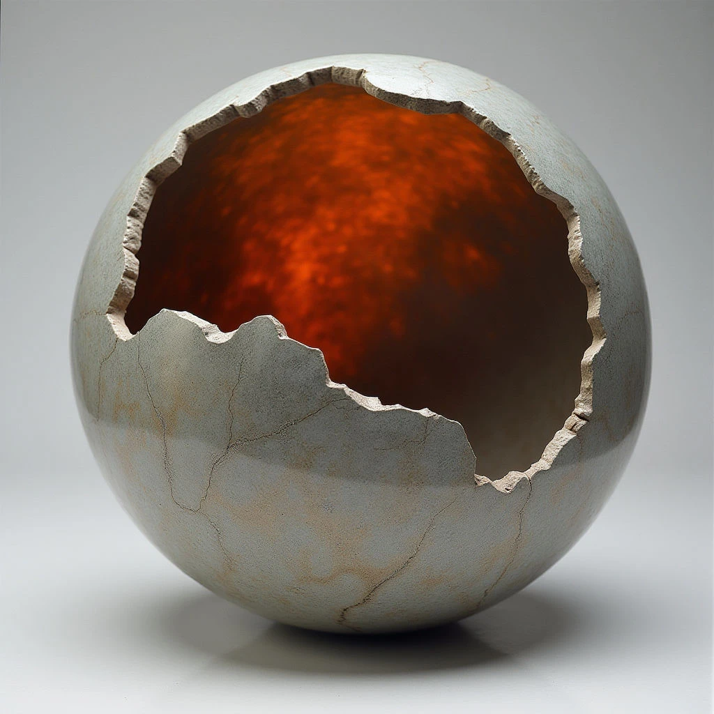 The primary form is a near-sphere with a large irregular opening revealing an interior surface. The exterior presents a muted gray color with fine crackle textures and subtle variations in tone, while the interior displays a vibrant orange hue that appears softly illuminated. Light seems to originate from within the sphere, casting gentle gradients on both its inner and outer surfaces, and it rests on a flat, neutral ground plane.
