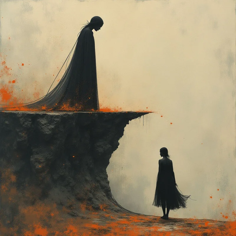 Two dark silhouettes stand on jagged, charcoal-colored cliffs against a pale, desaturated cream background. Vibrant orange splatters and streaks accent the edges of the rocky terrain and the flowing lines of the figures' garments. The composition uses high contrast and vertical spatial separation to position one figure high above the other within a misty, minimalist landscape.
