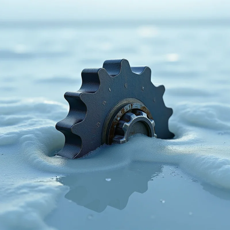 A dark, metallic gear with jagged teeth and a rusted center is partially submerged in a pale blue, foamy liquid. The composition features smooth, reflective water surfaces contrasted against the coarse texture of the metal and the bubbly, white froth. Soft, diffused light illuminates the scene, creating a subtle reflection of the gear on the calm surface below.