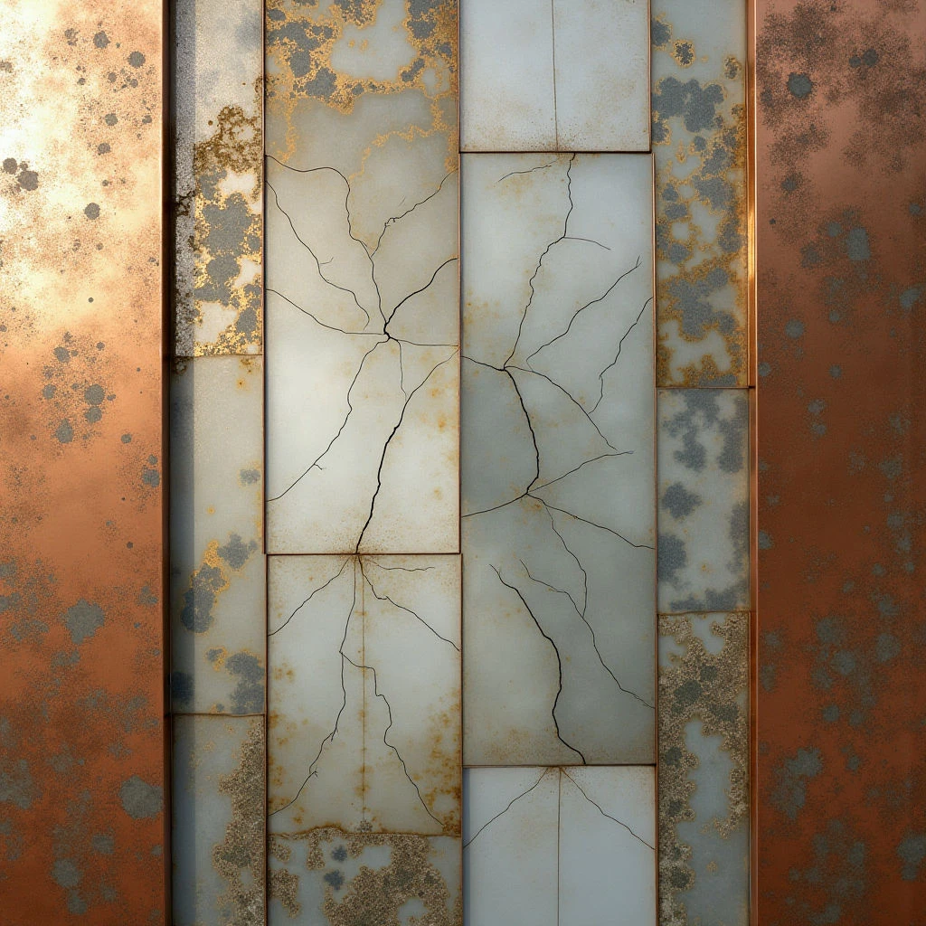 The image features a vertical arrangement of rectangular panels in varying shades of copper, gray, and pale blue-white. Many of the panels exhibit textured surfaces with mottled discoloration and crack patterns, contrasting with smoother areas. Light appears diffused across the composition, highlighting irregularities and creating subtle gradients within each panel while casting soft shadows between them.