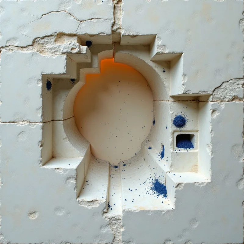 A large circular opening is centered within a textured, off-white stone wall, surrounded by a stepped, geometric frame of recessed rectangular notches. The interior of the void glows with warm orange light, contrasting against the cool, pale tones and rough surface of the cracked masonry. Small blue speckles are scattered across the white surfaces and deep into the circular aperture.