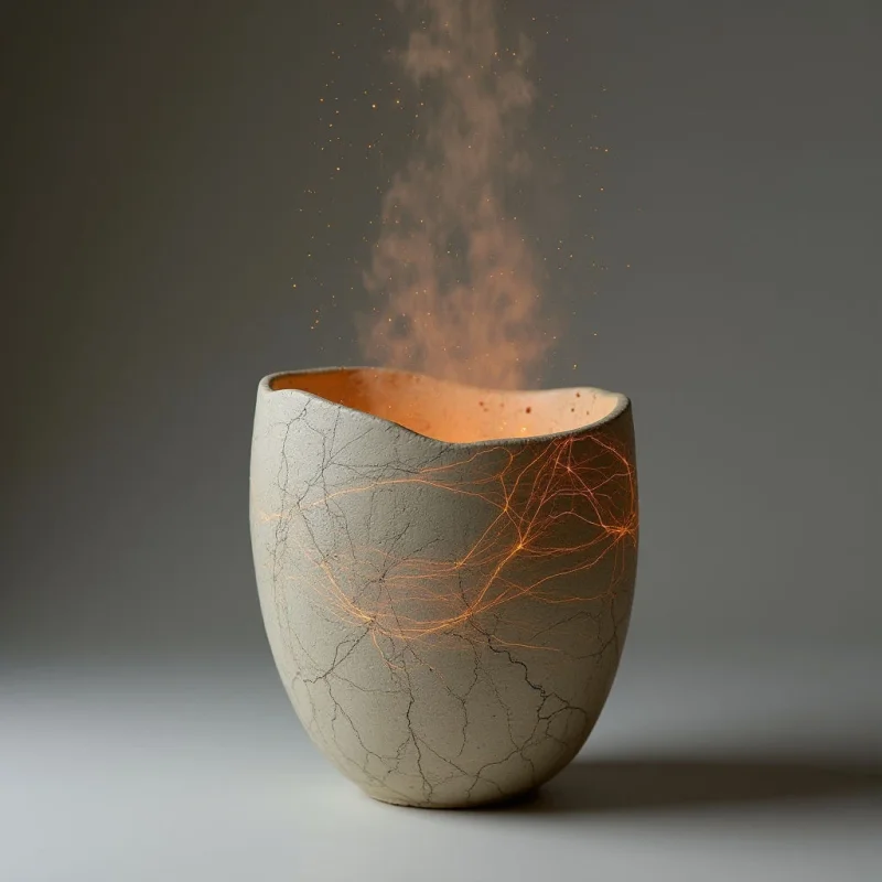 The image features a rounded vessel with a pale, cracked exterior and an interior glow of warm orange light accented by thin, bright lines. A plume of reddish-brown particles rises from the center of the bowl, contrasting with the smooth background gradient ranging from gray to off-white. Light appears to emanate from within the vessel, casting subtle shadows on its form and highlighting the texture of the cracks while the particles diffuse upwards into open space.