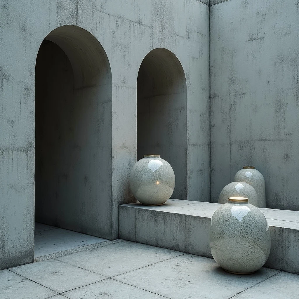 The scene is dominated by cool gray tones with subtle variations in shade and texture across concrete surfaces. Three rounded vessels with metallic rims are positioned on a raised platform within an architectural space defined by large arched openings. Soft, diffused light creates gentle shadows, emphasizing the forms of the objects and suggesting depth within the rectilinear environment.