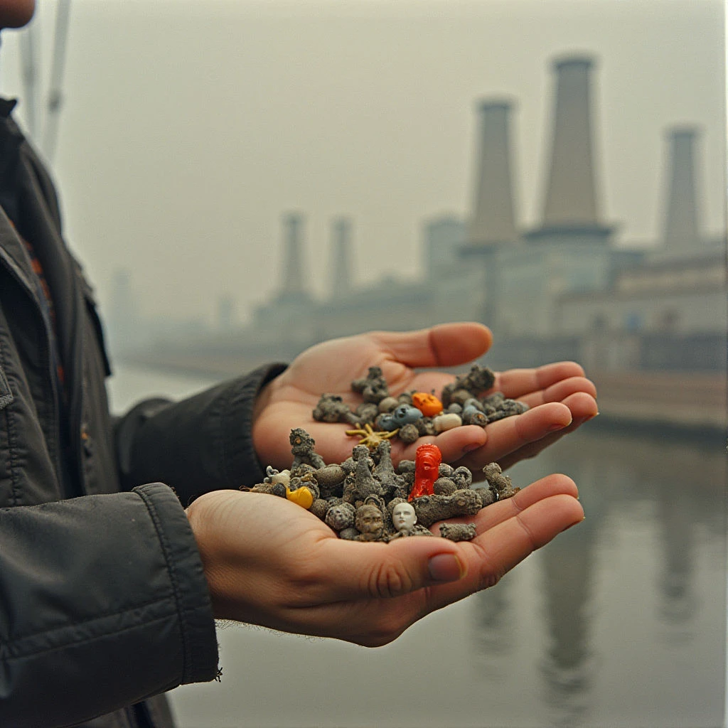 The image features a pair of open hands holding a collection of small, textured figures against a blurred background of industrial structures and a hazy sky. Predominant colors are muted grays and browns, with some warmer orange tones within the hand-held objects, contrasting with the skin tone of the palms. The spatial relationship places the hands in the foreground, sharply focused, while the distant buildings appear soft and indistinct due to atmospheric perspective; light is diffused, creating minimal shadows and a generally flat illumination.