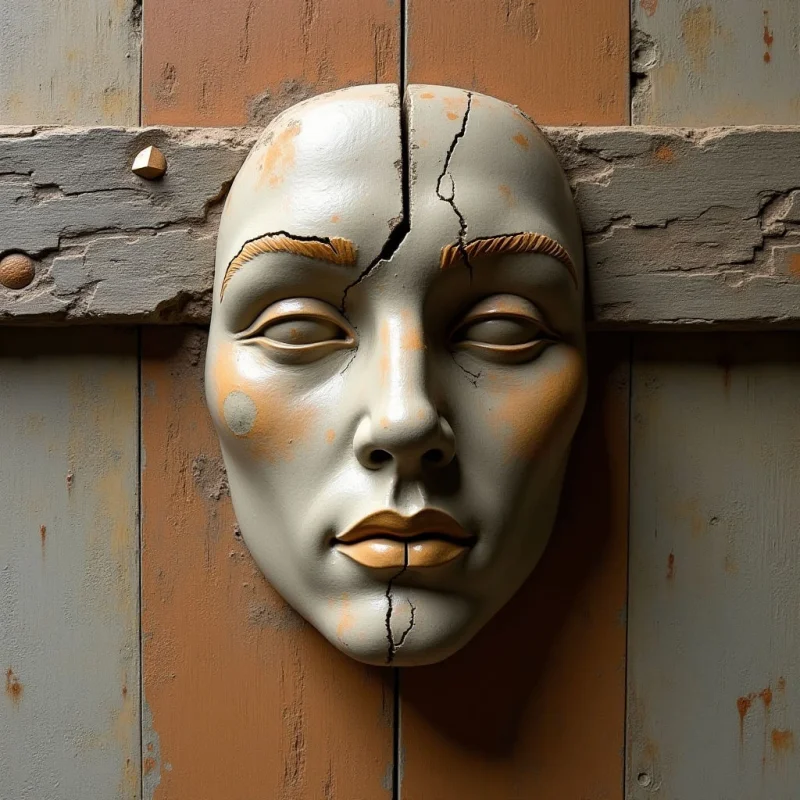 A pale, smooth-textured mask with visible cracks is centered against a background of weathered, vertical wooden planks in shades of terracotta and muted brown. The composition features soft, directional lighting that creates subtle shadows within the facial contours and along the rough grain of the wood. A horizontal wooden beam intersects the frame behind the mask, dividing the vertical lines of the backdrop.
