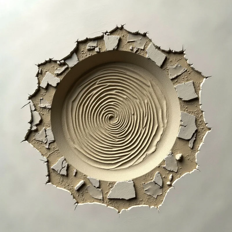 A circular depression containing concentric, sand-like ridges is centered within a jagged, irregular opening of a white surface. The composition features earthy tan tones and rough, granular textures contrasted against the smooth, pale background. Light falls evenly across the scene, defining the depth of the grooves and the raised edges of the broken material.