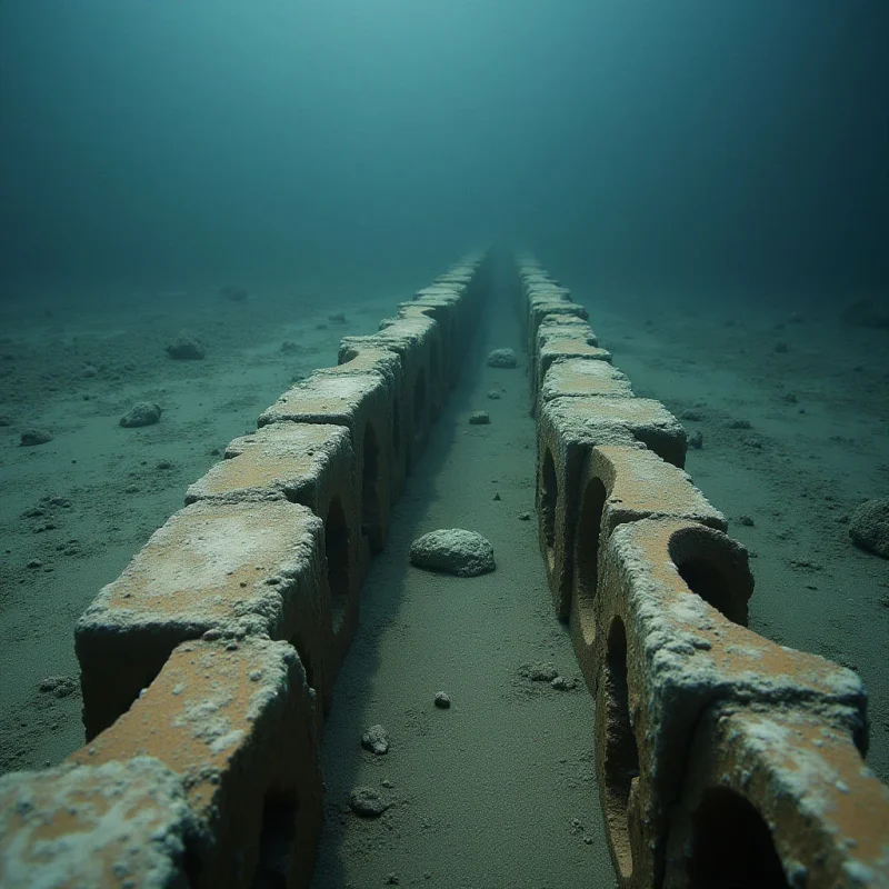 Two parallel rows of rectangular, hollowed stone blocks recede into a hazy blue distance across a sandy seabed. The rough, textured surfaces of the tan stones contrast with the fine, granular texture of the surrounding silt and scattered small rocks. Diffused light filters down from above, creating soft shadows within the block cavities and a sense of deep spatial recession toward a dim horizon.