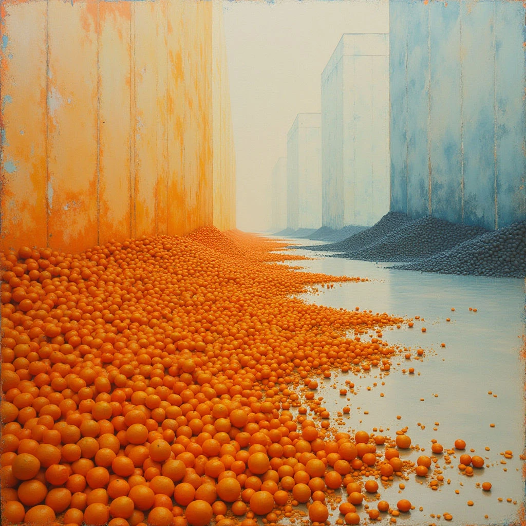 The image features a symmetrical arrangement of orange and dark gray spherical objects flowing along a central waterway between tall, textured walls colored in shades of orange and blue-gray. Light is diffused and appears to originate from the distant horizon, creating a hazy atmosphere that softens details and diminishes contrast. Shapes are primarily rounded for the spheres and rectilinear for the wall structures, with spatial depth suggested by diminishing size towards the background.