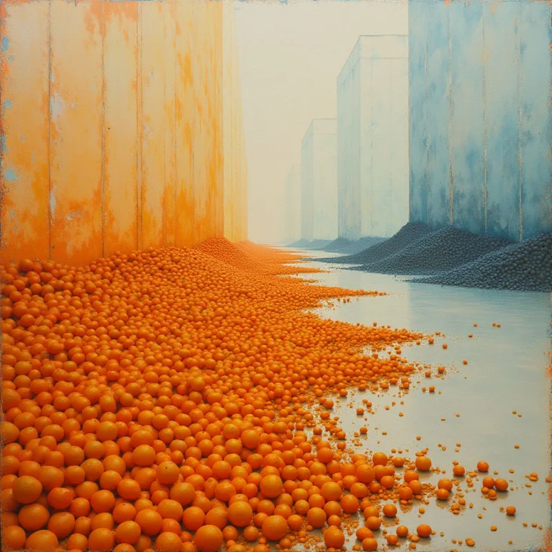 The image features a symmetrical arrangement of orange and dark gray spherical objects flowing along a central waterway between tall, textured walls colored in shades of orange and blue-gray. Light is diffused and appears to originate from the distant horizon, creating a hazy atmosphere that softens details and diminishes contrast. Shapes are primarily rounded for the spheres and rectilinear for the wall structures, with spatial depth suggested by diminishing size towards the background.