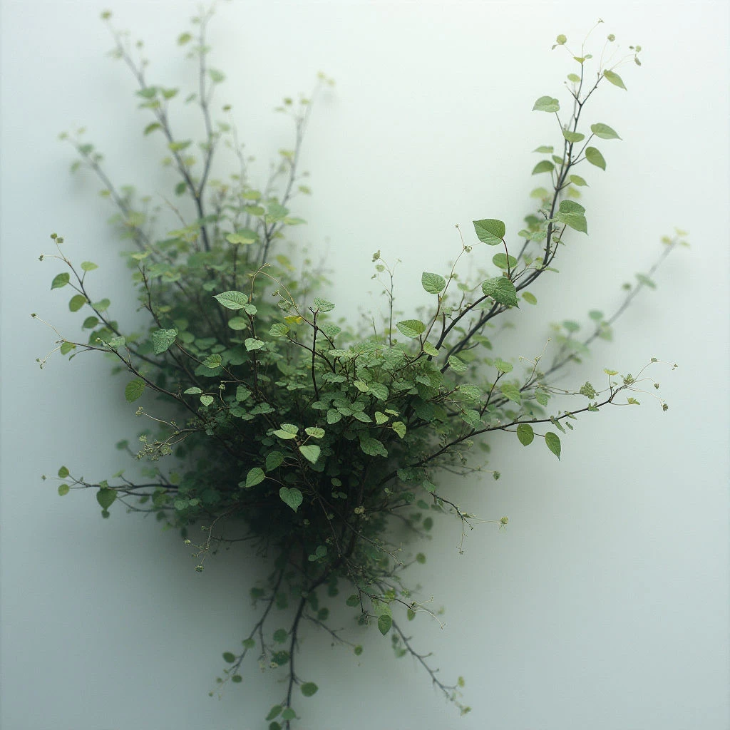 A dense cluster of leafy branches sprouts directly from a pale, smooth wall. The foliage is a mix of light and dark greens with delicate stems reaching outwards in all directions. Tiny buds are visible along the branches, suggesting new growth or potential blossoms.