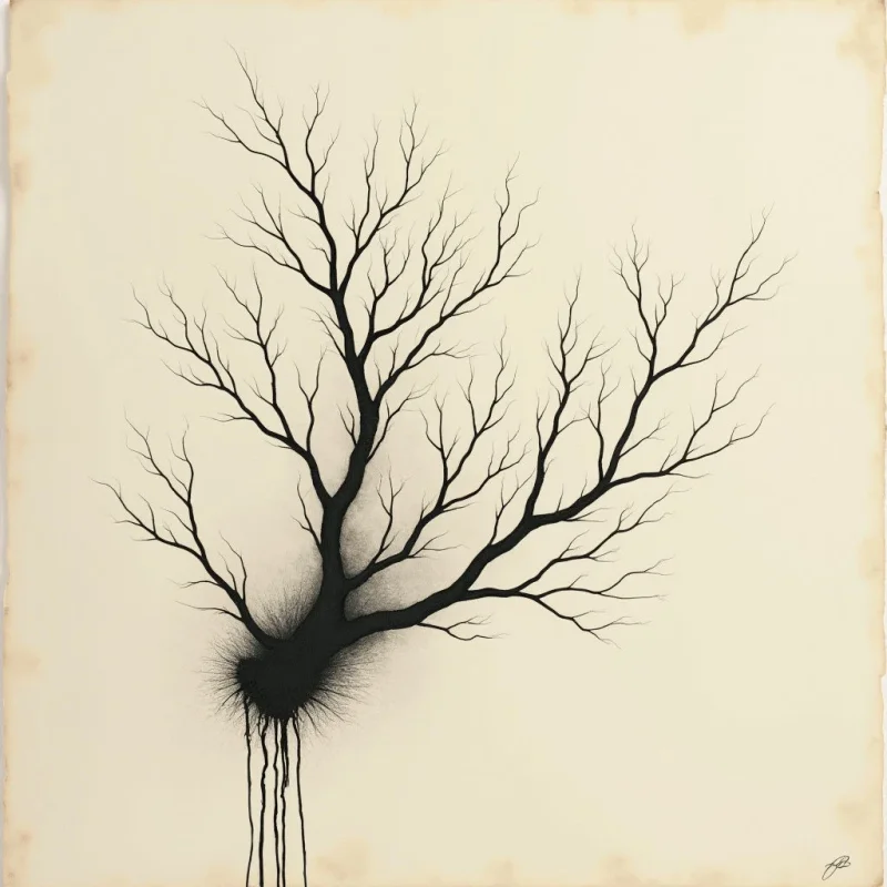 A dark, branching silhouette of a leafless tree spreads across an off-white background with subtle, warm-toned edges. The composition features fine, spindly lines transitioning into thick, fluid shapes that drip vertically from the base. High contrast defines the relationship between the solid black organic forms and the expansive, empty negative space.